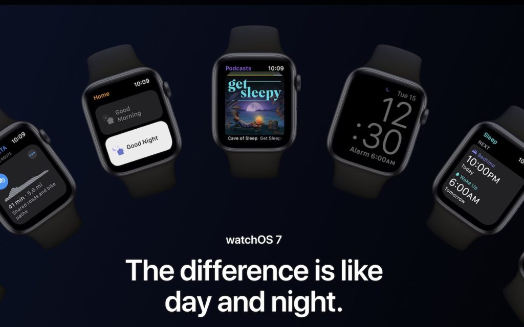 Four Apple Watches display different screens, showing alarms, a podcast, and messages. Below, the text reads: “watchOS 7. The difference is like day and night.” The background is dark.
