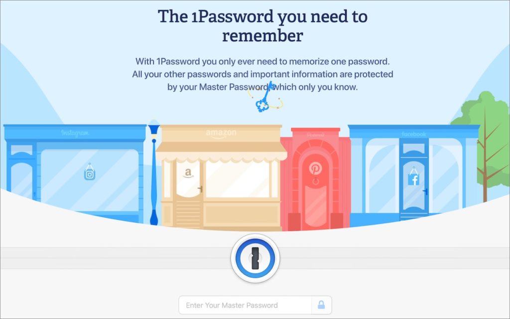 Illustration showing three storefronts labeled Instagram, Amazon, and Facebook behind text that promotes 1Password, a password manager. A lock icon and a password entry box are displayed at the bottom.
