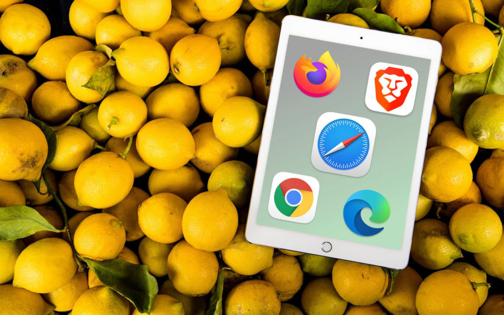 An iPad displaying five web browser logos (Firefox, Brave, Safari, Chrome, Edge) rests on a pile of yellow lemons with green leaves.