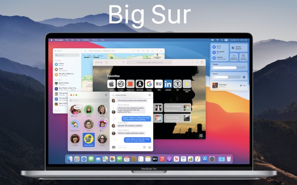 A MacBook Pro displays the macOS Big Sur interface with various open apps, including Messages, Safari, and Control Center, against a scenic mountain background with Big Sur text at the top.