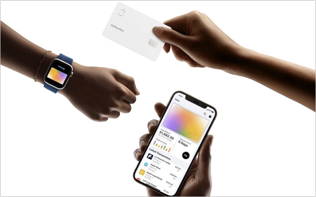 A hand holds an Apple Card, another hand wears an Apple Watch and a third hand holds an iPhone displaying the Apple Card app, showing spending and balance details. The background is white.