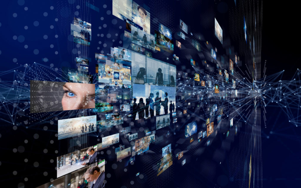 A digital collage of floating video screens displaying people, eyes, and landscapes, set against a dark, futuristic background with abstract networks and glowing connections.
