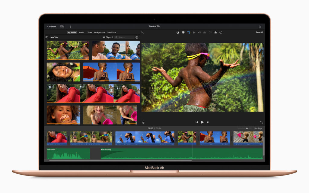 A MacBook Air displays a video editing program with multiple video clips and a timeline. The main preview shows a child dancing outdoors, while thumbnails of other video clips are visible on the left.