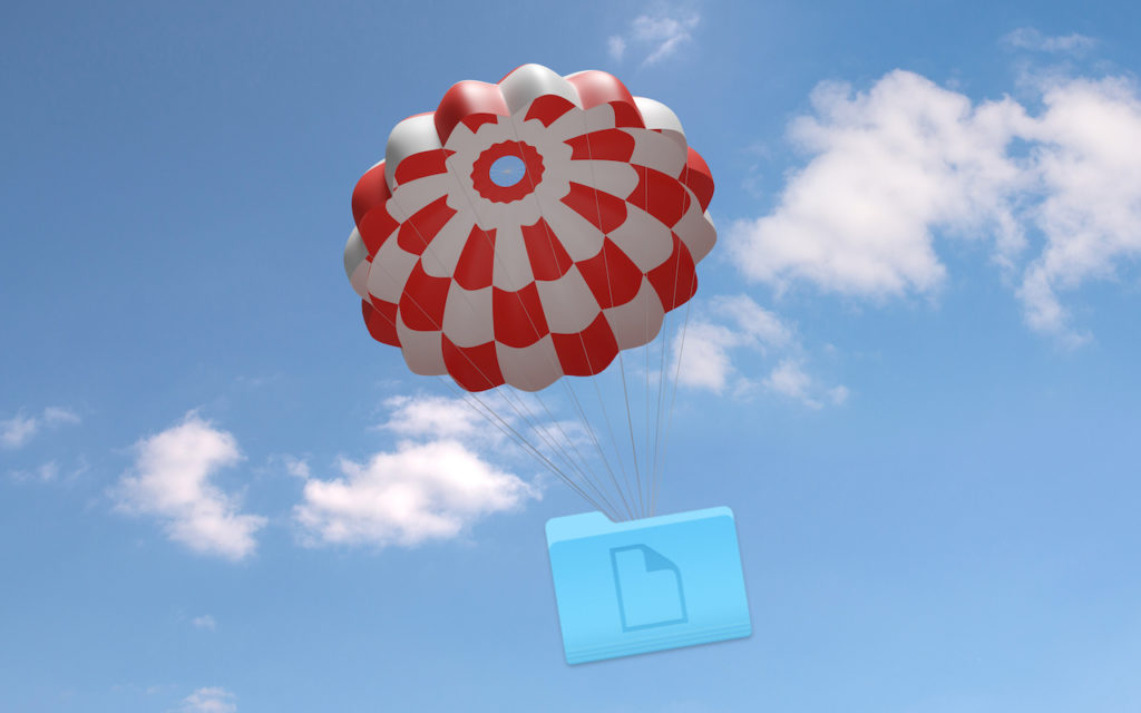 A blue digital file folder is suspended by a red and white parachute, floating in a blue sky with scattered white clouds.