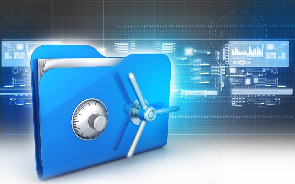 A blue folder with a combination lock and vault door handle, symbolizing data security, appears in front of digital screens and technology icons on a futuristic background.