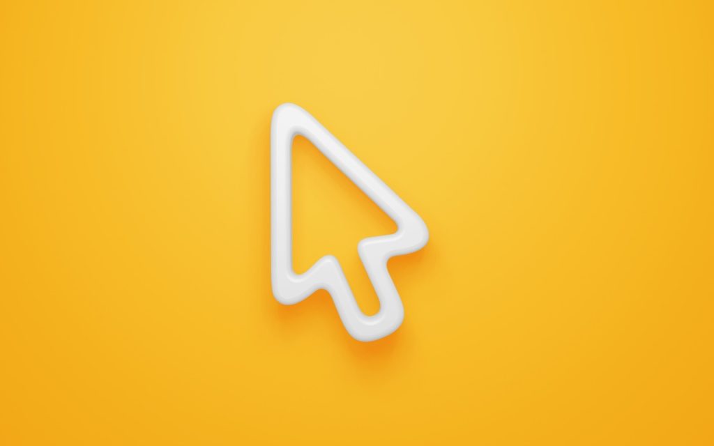 A white, three-dimensional cursor arrow icon displayed on a bright yellow background.