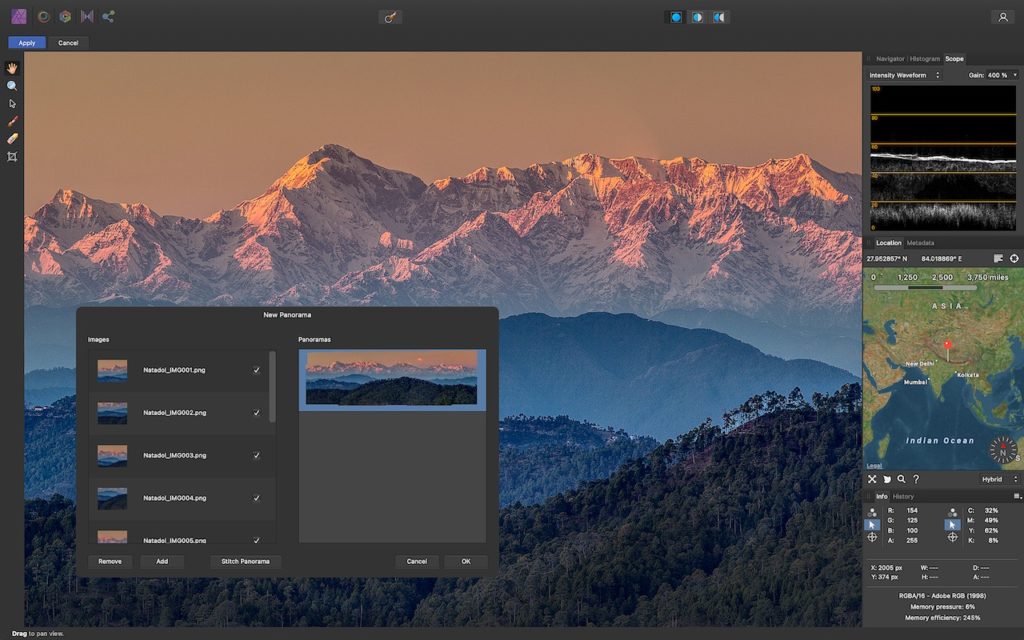 A photo editing software window shows a panoramic mountain image with snow-capped peaks. There are editing tools on the left, a new panorama creation dialog in the center, and a map and image data on the right.