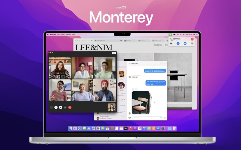 A MacBook displays macOS Monterey, showing a split screen with a video call, a website, and a messaging app; the background features a vibrant pink and purple gradient with Monterey text above.