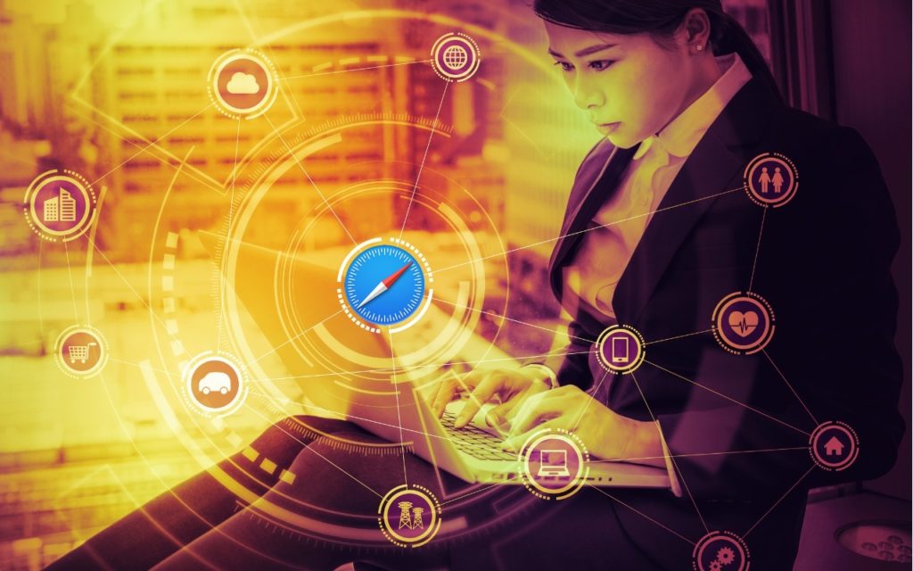 A woman in business attire works on a laptop, surrounded by digital icons connected by lines, representing technology, communication, and internet connectivity, with a central web browser symbol highlighted.