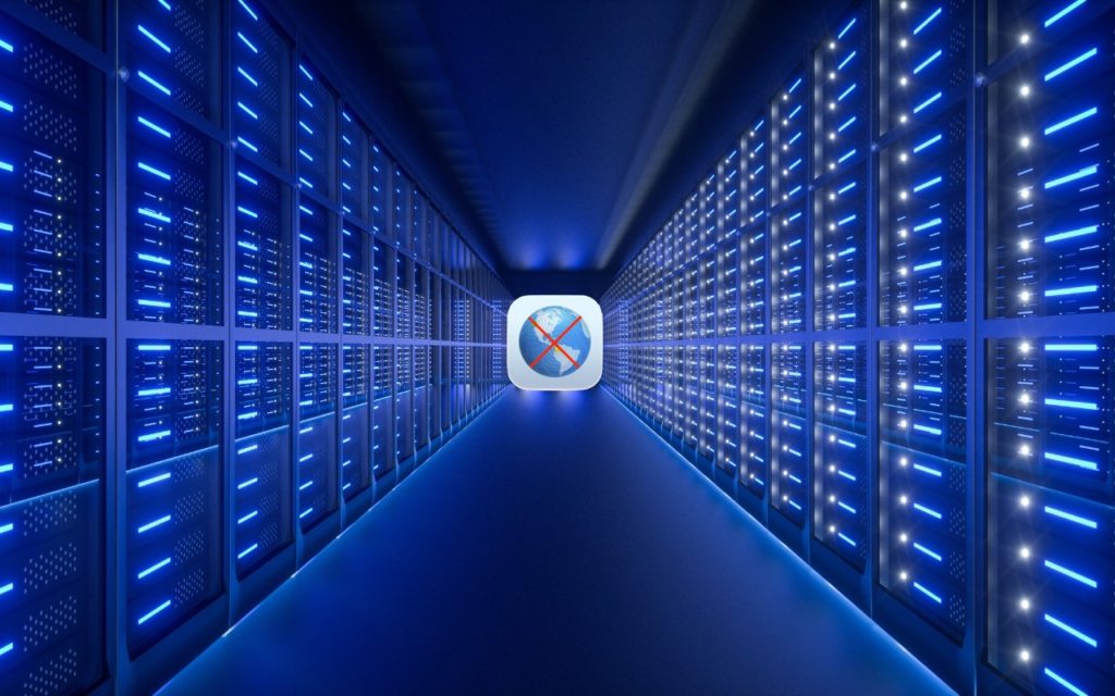 A brightly lit server room corridor with rows of blue illuminated server racks on both sides and a glowing app icon with an X in the center of the back wall.
