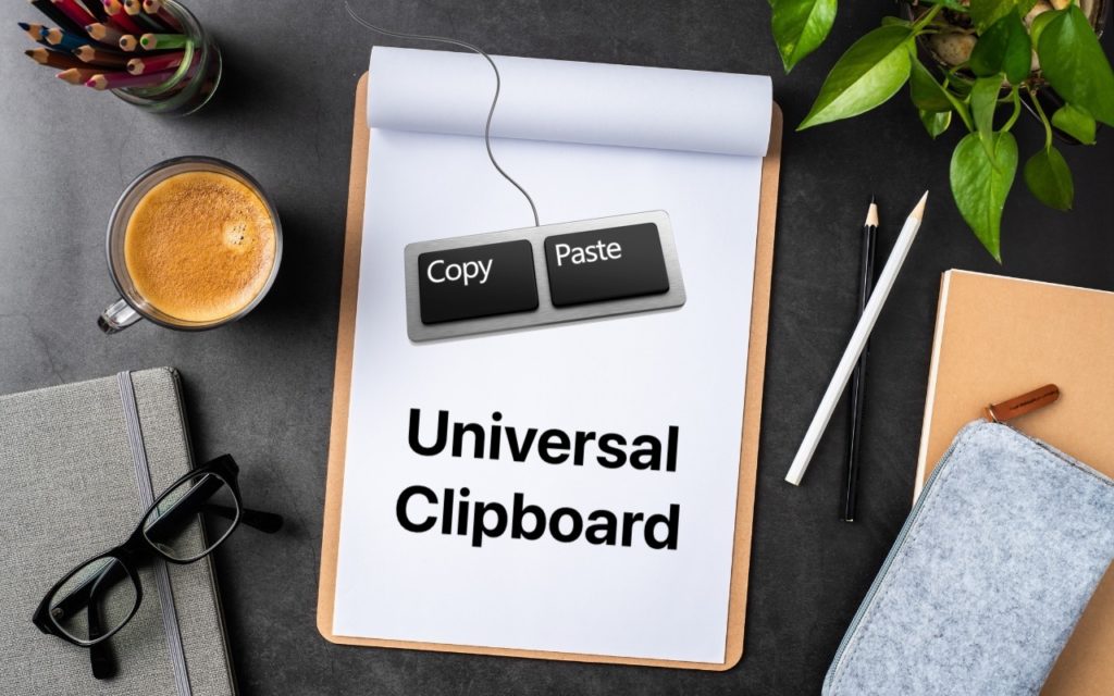 A clipboard with paper reads “Universal Clipboard” and shows large keys labeled “Copy” and “Paste.” Nearby are glasses, a coffee, pencils, a plant, a notebook, and a zippered pouch on a dark desk.