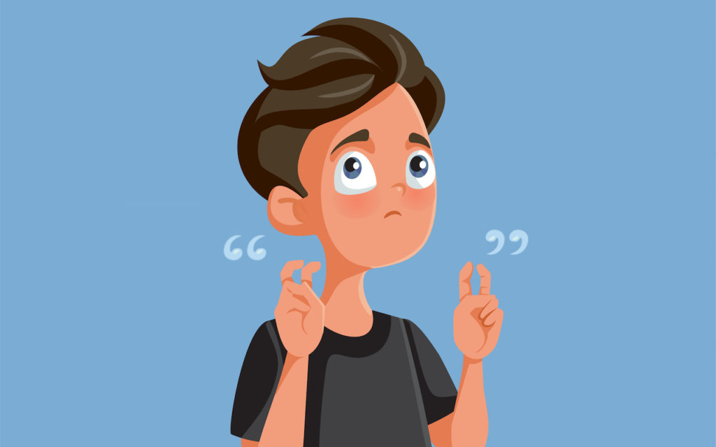 A cartoon boy with brown hair and a black shirt is looking up with a hopeful expression, holding up both hands with his fingers crossed. The background is a solid light blue.