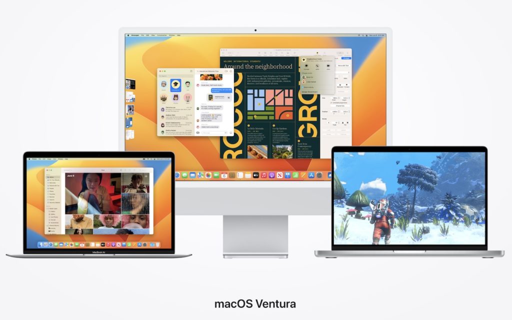 Three Apple computers display different screens: an iMac with multiple overlapping windows, a MacBook showing a video call, and another MacBook displaying a snowy video game. Text below reads macOS Ventura.