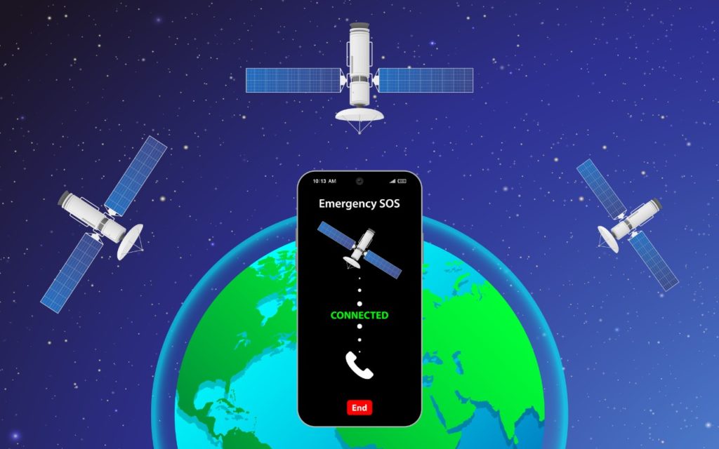 A smartphone displaying Emergency SOS Connected is shown above Earth, with three orbiting satellites, indicating a satellite emergency communication connection. The background is a starry space scene.