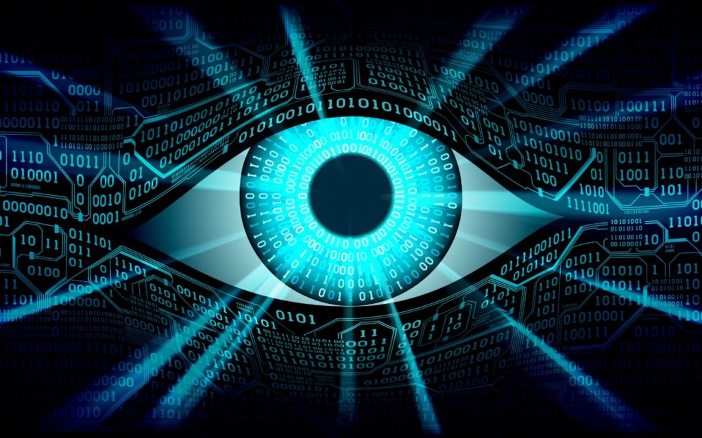 A digital eye with a blue iris is surrounded by binary code and circuit-like patterns, symbolizing technology, surveillance, and What Is Google Web & App Activity. Blue light rays radiate from the eye, creating a futuristic effect.