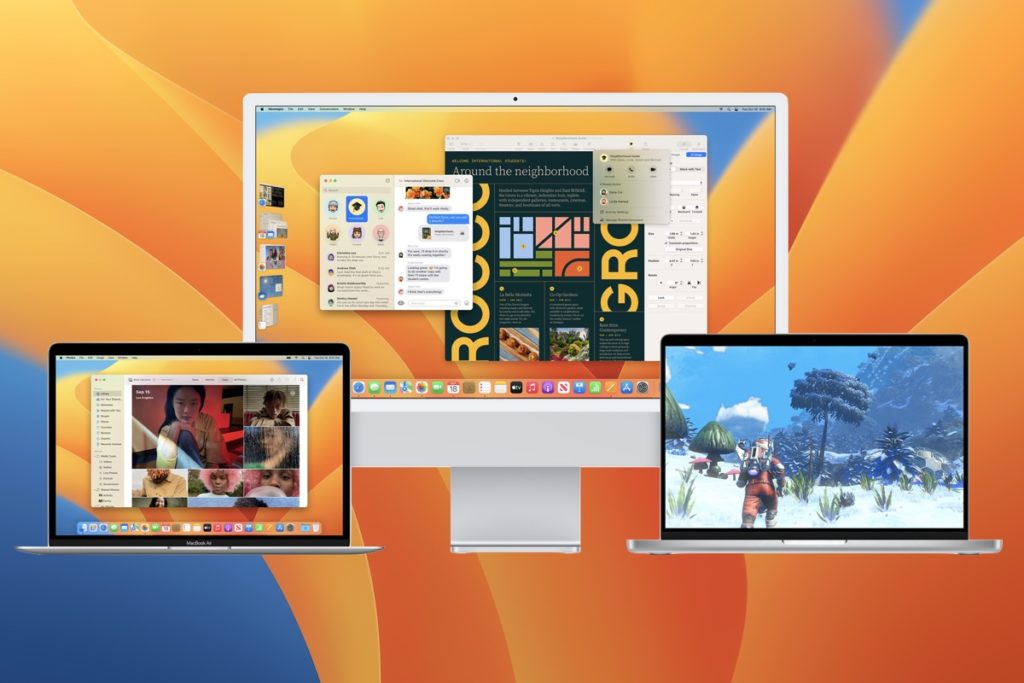 Three Apple computers—a desktop iMac and two MacBook laptops—display different apps and screens, set against a colorful orange and blue gradient background.