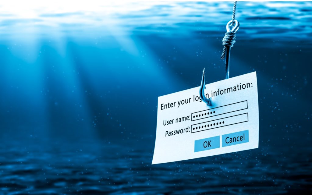 A fishing hook dangles underwater, holding a paper with login fields for username and password, symbolizing phishing and online security threats.