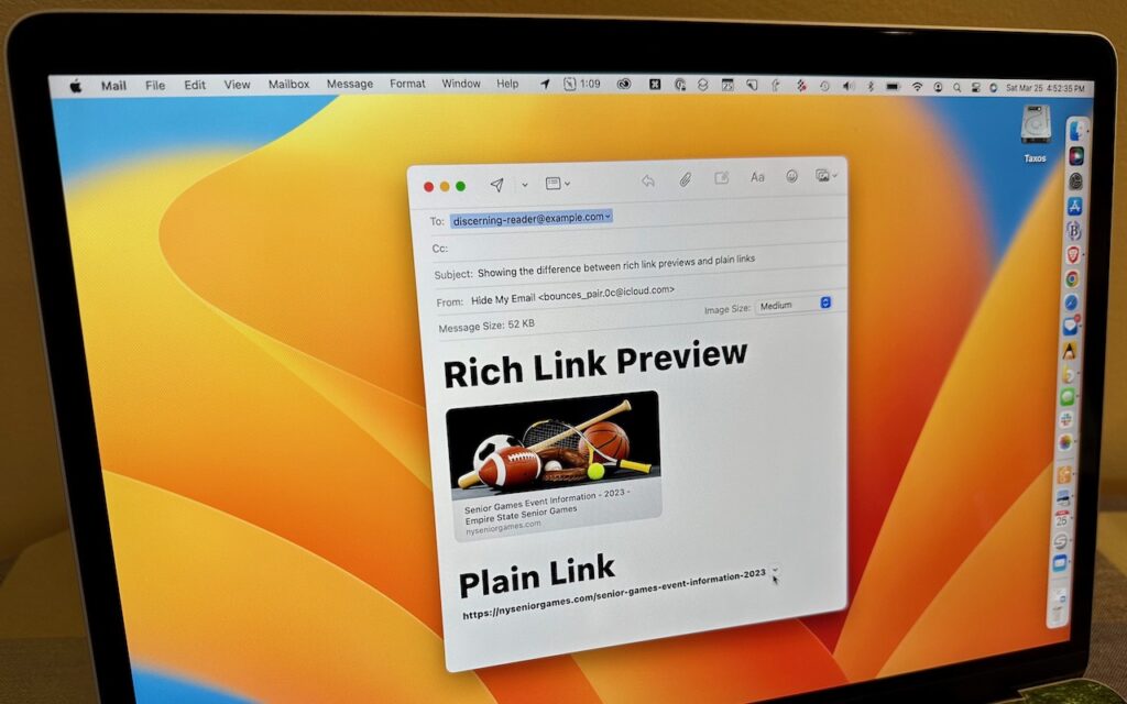 A laptop screen shows an email draft comparing a Rich Link Preview with an image and title, and a Plain Link displaying only a URL. The background features a yellow-orange gradient wallpaper.