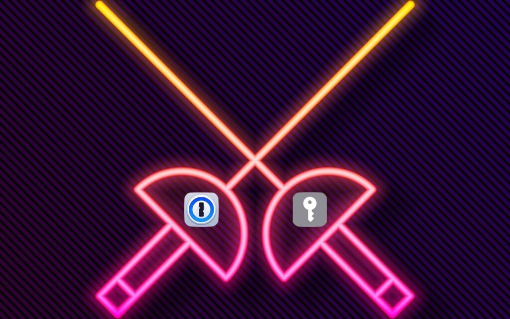 Two neon-colored fencing swords crossed over each other on a dark striped background. One sword guard has a blue digital security logo, and the other has a white key icon.