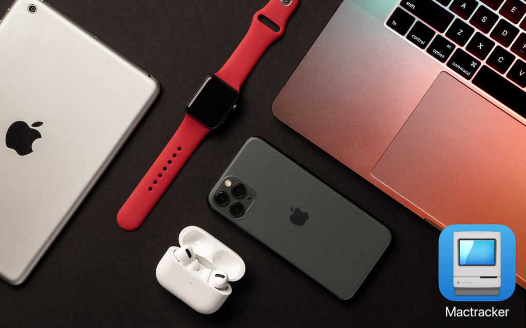 A flat lay of Apple products on a dark surface: an iPad, an Apple Watch with a red band, AirPods Pro in their case, an iPhone, and part of a MacBook. The Mactracker app logo appears in the bottom right corner.