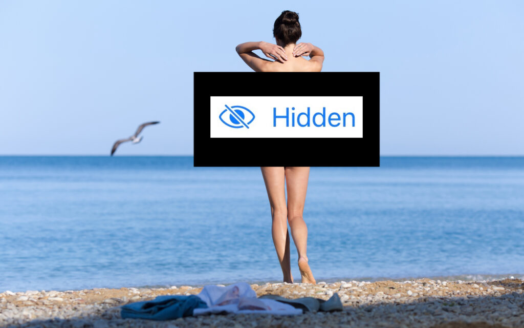 A woman stands nude on a beach facing the sea, covering her chest with her arms. A large hidden sign covers her body for privacy. A bird flies in the background over the water.