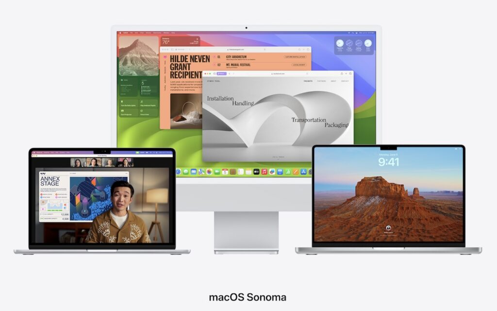 Three Apple computers display different macOS Sonoma features: an iMac in the center shows apps and widgets, while two MacBook laptops on either side show a video call and a scenic login screen.