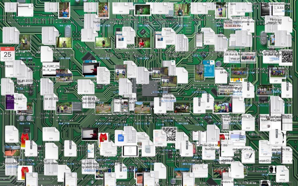 A digital collage shows numerous computer file icons, images, and documents scattered over a green circuit board background, merging themes of technology, data, and digital organization.