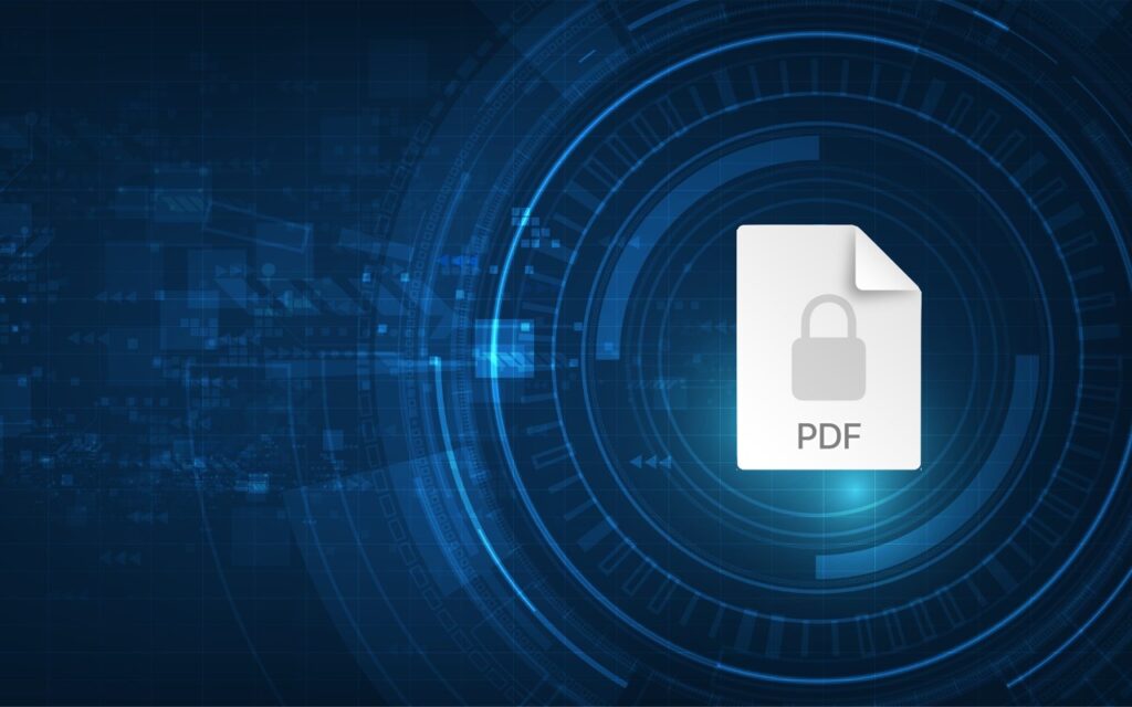 A digital illustration of a PDF file icon with a padlock symbol on it, centered over a blue tech-inspired background with circular and circuit-like graphics, representing a secure or protected PDF document.