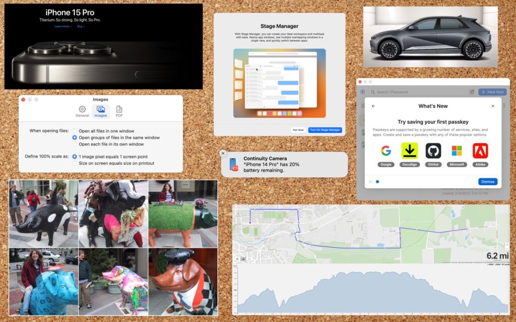 A corkboard with pinned digital images and screenshots, like an iPhone 15 Pro ad, app windows, a map route with elevation chart, a low battery alert—everything you need to know about taking screenshots on the Mac is visually displayed.