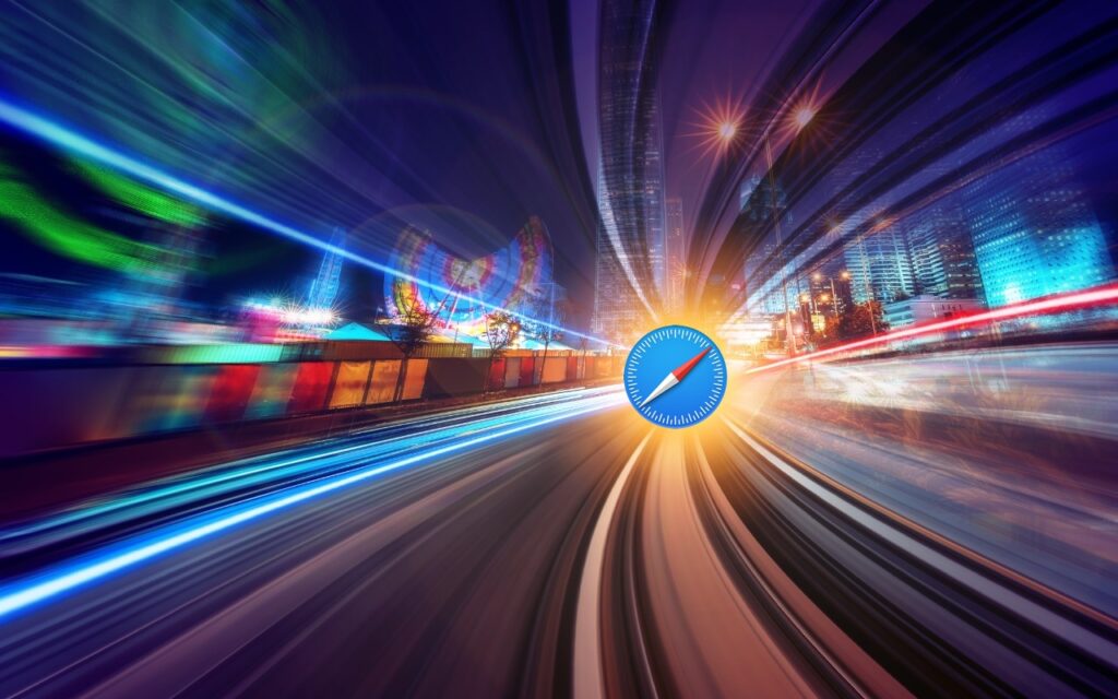 A stylized cityscape at night with colorful light trails suggesting high speed, featuring the Safari browser logo at the center—radiating light as if moving quickly, inspired by How to Search Directly in Your Favorite Websites from Safari’s Search Bar.