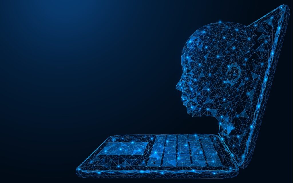 A digital illustration of a laptop with a glowing blue wireframe human face emerging from its screen, symbolizing artificial intelligence or human-computer interaction—echoing the adage, Loose Lips Sink Chips: Beware What You Say to AI Chatbots.