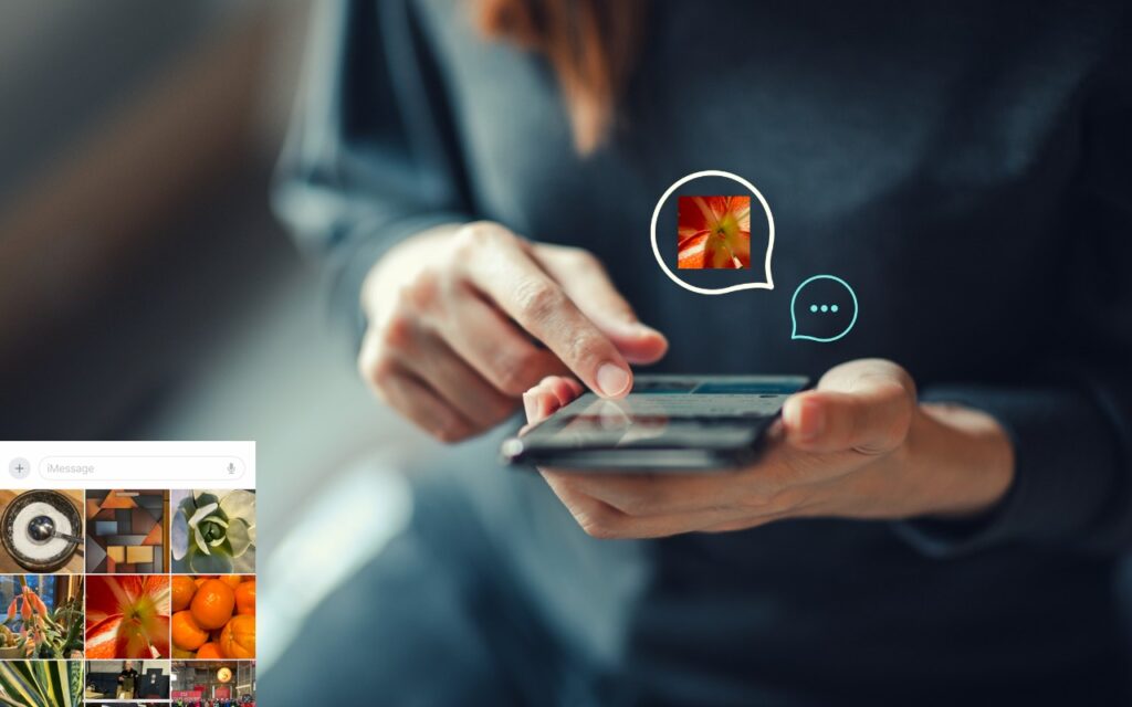 A person uses a smartphone, selecting a flower photo to send in a chat message. With the “Send Photos in Messages Faster with This Hidden Shortcut” feature, the image gallery and chat bubble appear above the device for quick sharing.