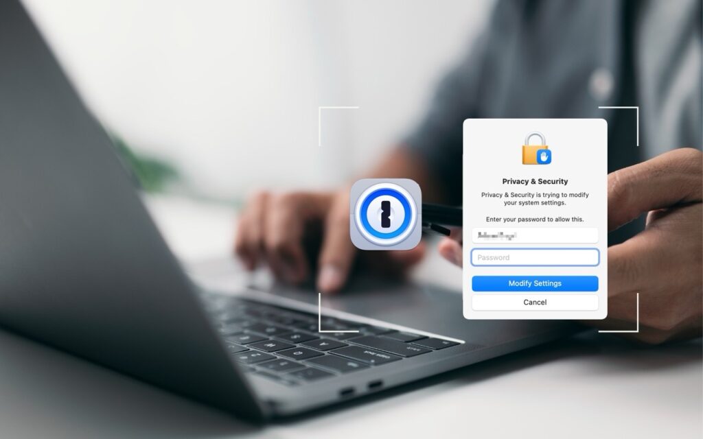 A person uses a laptop, with a security authentication pop-up asking for a password to modify privacy settings. Tech and cybersecurity icons are visible in the foreground, suggesting they might Use 1Password to Enter Your Mac Login Password.