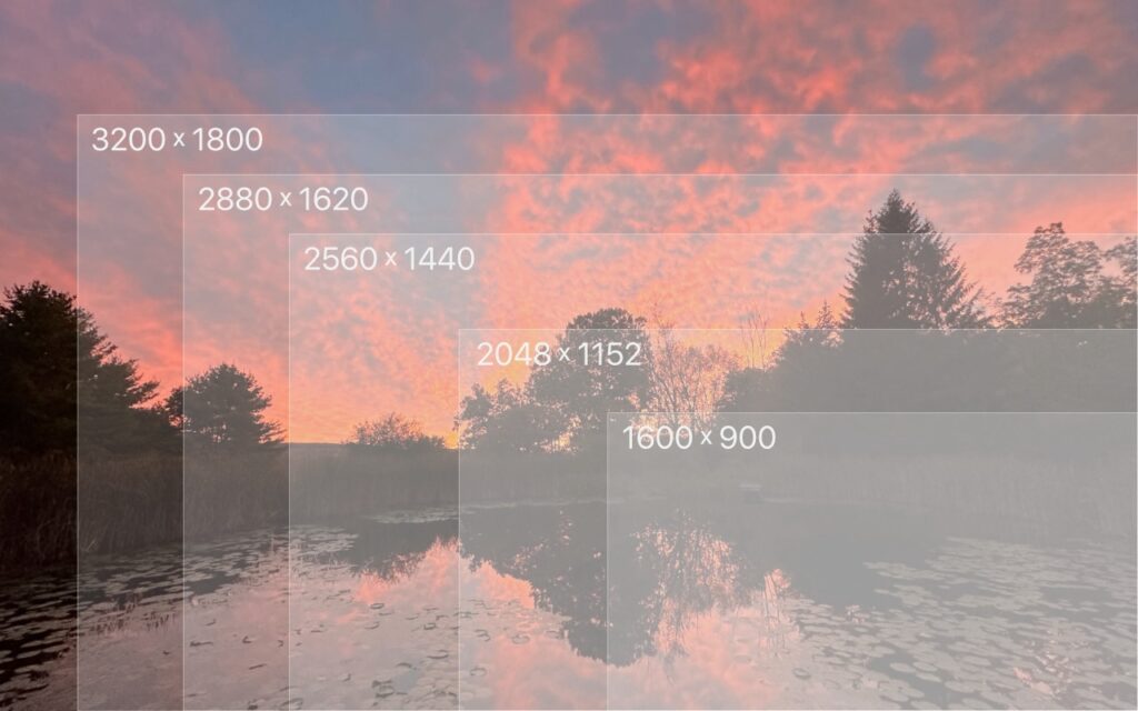 A sunset sky with pink clouds reflects in a pond with water lilies and silhouetted trees. Overlayed rectangles display screen resolutions—perfect for visualizing Tips for Working with Mac Display Resolutions.