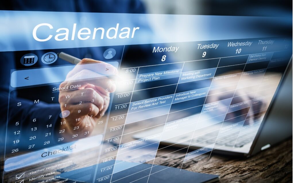 A person using a digital calendar on a touchscreen device, with a weekly schedule, checklist, and calendar dates displayed—Want an Event List in Apple’s Calendar App? Try This Trick—alongside a laptop on a desk in the background.