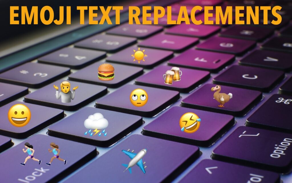 A colorful laptop keyboard features emojis—a burger, sun, airplane, and laughing face—on its keys. Bold yellow text at the top reads EMOJI TEXT REPLACEMENTS, highlighting how to Insert Emoji More Easily with Text Replacements.