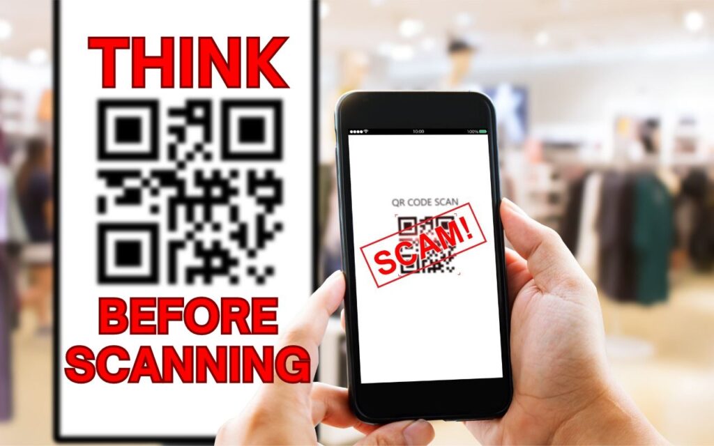 A person holds a phone scanning a QR code labeled SCAM! with bold red text saying THINK BEFORE SCANNING—reminding everyone to Be Careful When Scanning Unknown QR Codes in a bright, blurred indoor setting.