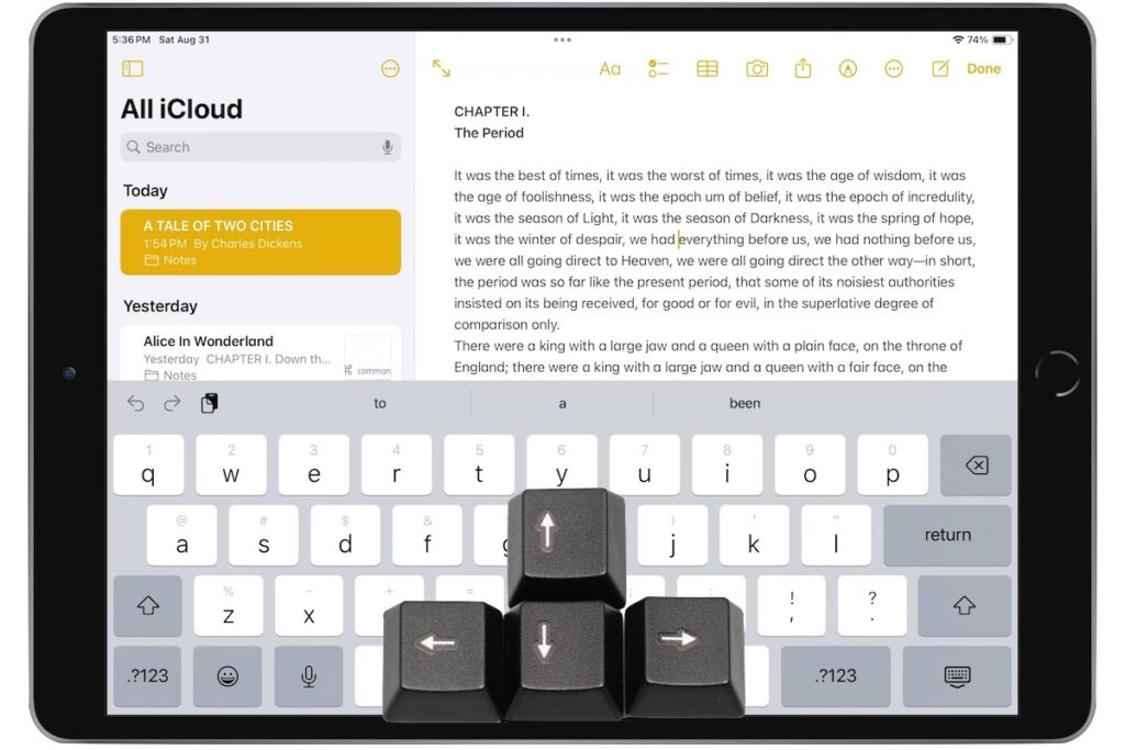 An iPad displays a text editor with A Tale of Two Cities open, showing both a document list and text. The on-screen keyboard is visible, with physical arrow keys atop virtual keys—just one of Five Quick Tips to Ease iPhone and iPad Text Editing and Amaze Your Friends.