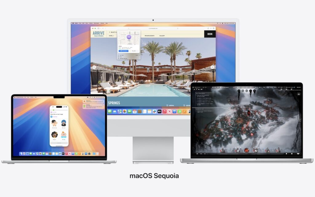 Three Apple devices display different screens: an iMac in the center shows a travel booking site, a MacBook on the left displays a messaging app, and a MacBook on the right shows a video game. Text below reads macOS Sequoia—when should you upgrade to macOS 15 Sequoia?.