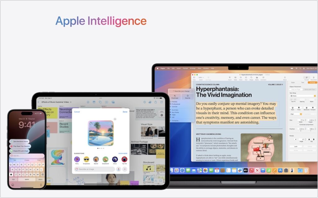 A smartphone, tablet, and laptop display Apple Intelligence features—including messaging, calendar, image generation, and document editing—under a gradient logo. The scene highlights iOS 18.1 and the first wave of Apple Intelligence features in macOS 15.1 Sequoia.
