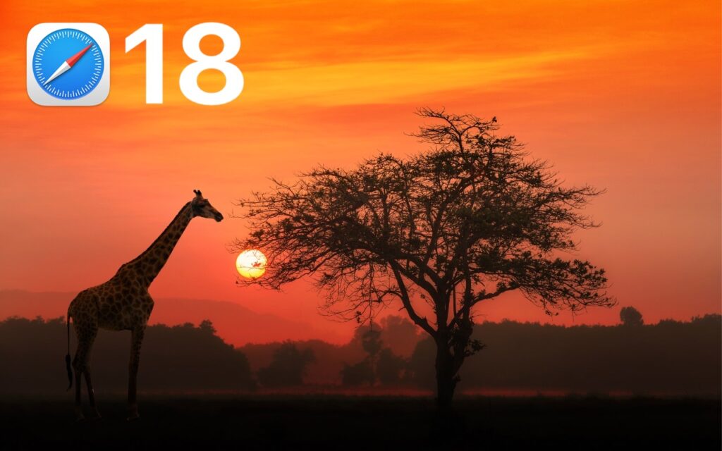 A giraffe stands near a tree at sunset, with an orange sky. In the top-left corner, a Safari browser logo and the number 18 reference Safari 18 Adds Highlights for easier reading.