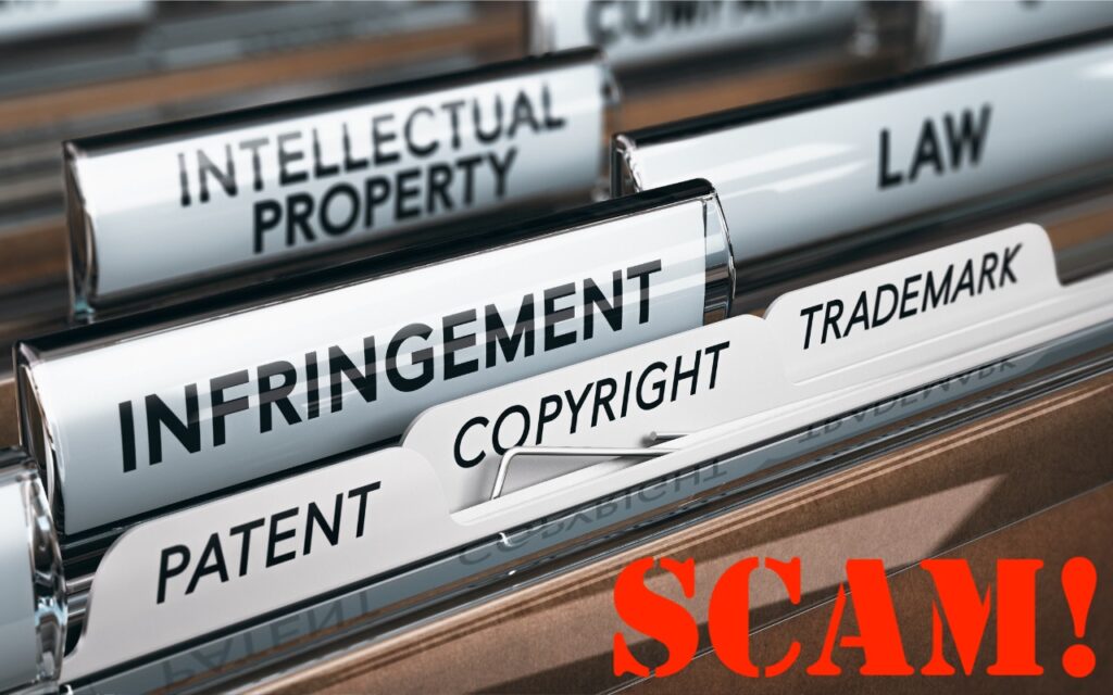 A set of labeled file folders—INFRINGMENT, PATENT, COPYRIGHT, TRADEMARK, INTELLECTUAL PROPERTY, and LAW—with Website Owners: Identifying Copyright Infringement Link Insertion Scams boldly stamped SCAM! in red on the bottom right.