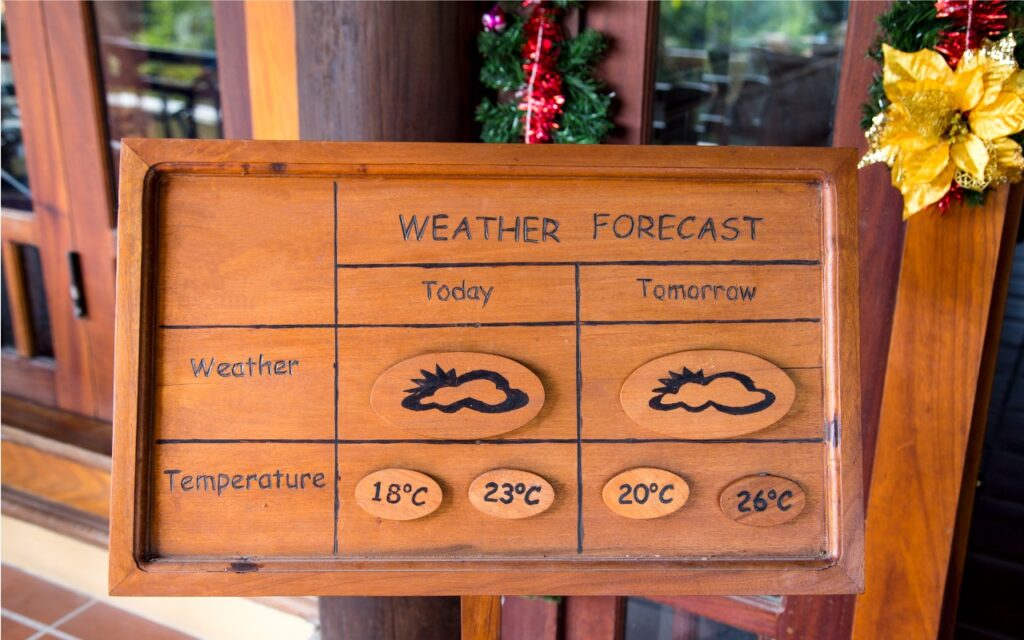 A wooden sign displays a weather forecast for today and tomorrow, showing partly cloudy icons and temperatures. Holiday decorations are visible in the background. Add Weather to Your Mac’s Menu Bar with This Sequoia Tip for easy updates!.