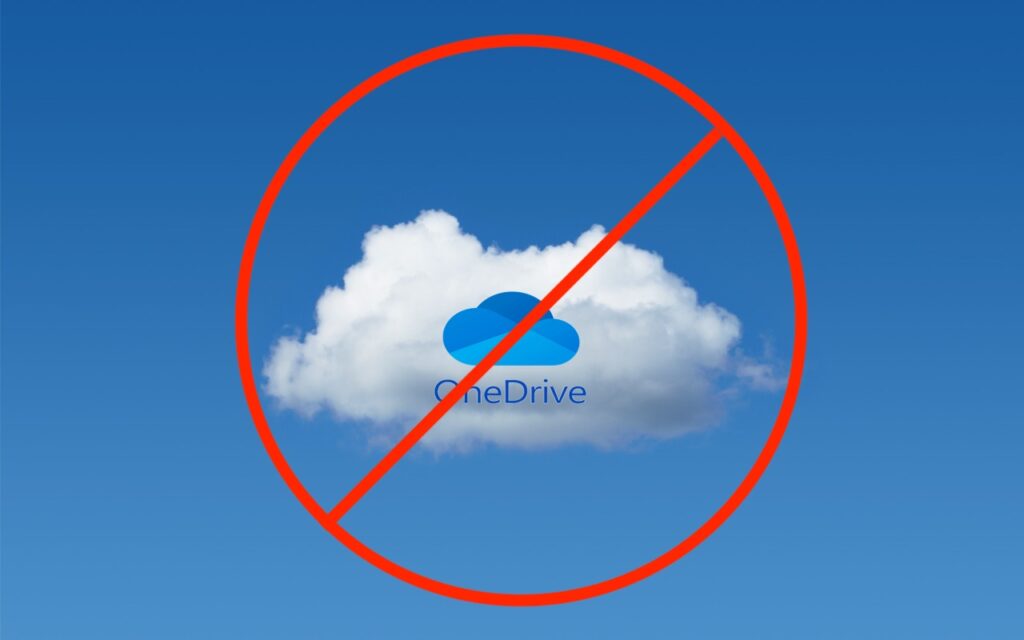 A OneDrive cloud logo inside a white cloud is crossed out with a red prohibition symbol against a clear blue sky background, hinting at issues related to How to Convince Microsoft Office Apps to Save Files on Your Mac.