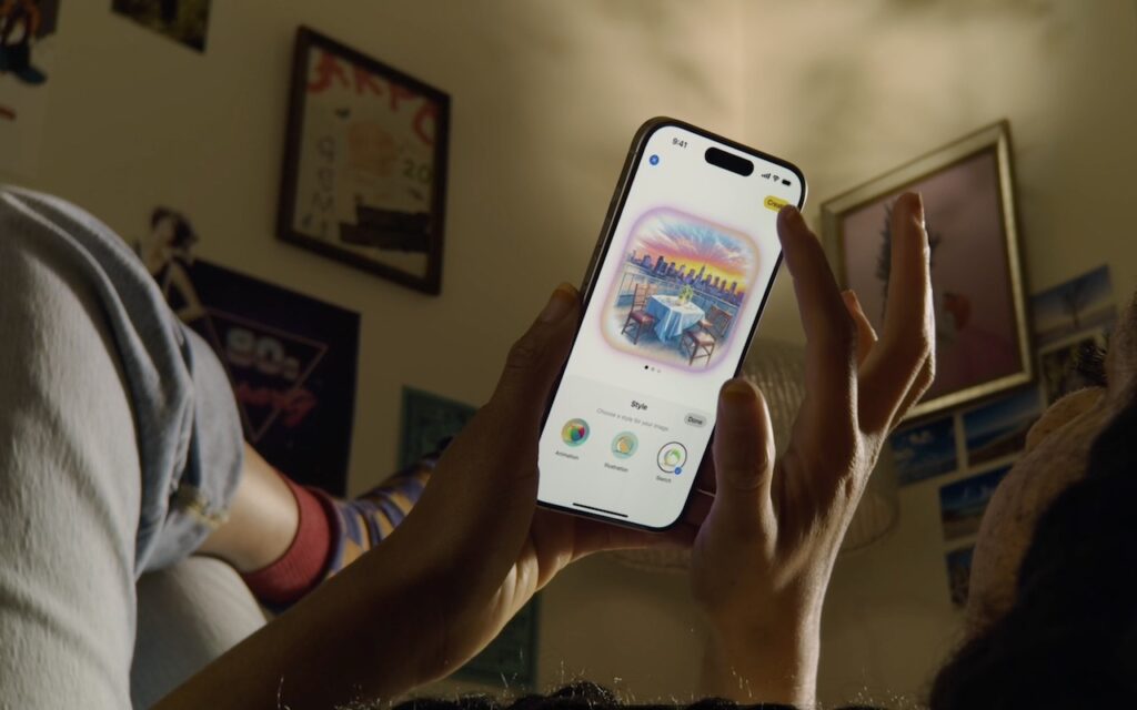 A person lying down holds a smartphone displaying digital artwork, perhaps exploring What You Can Do with the December Wave of Apple Intelligence Features. The room’s wall is decorated with posters and framed pictures in soft, relaxed lighting.