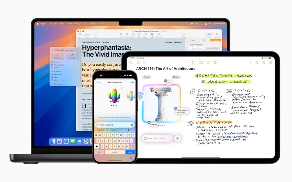 A MacBook, iPhone, and iPad display different apps: a text document on the MacBook, a mind map and handwritten notes about architecture on the iPad, and a colorful AI assistant on the iPhone—all showcasing Apple’s January 2025 releases that enhance Apple Intelligence features.