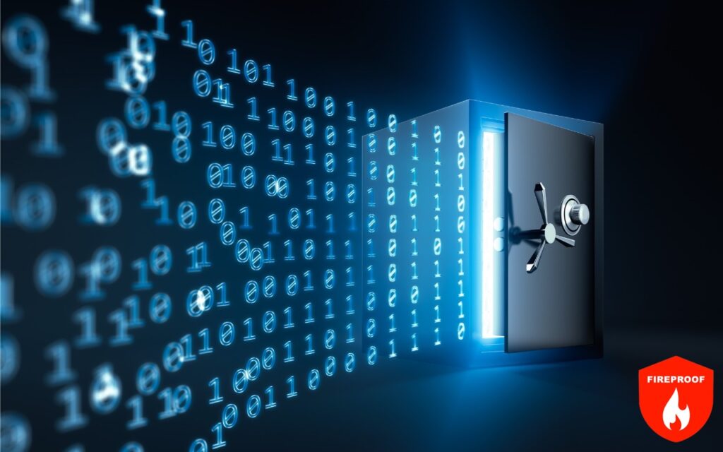 A digital vault emits streams of binary code in a dark, high-tech setting. A red shield icon labeled FIREPROOF with a flame symbol appears in the bottom right corner, reminding you to pay attention to the details when purchasing a fireproof safe.