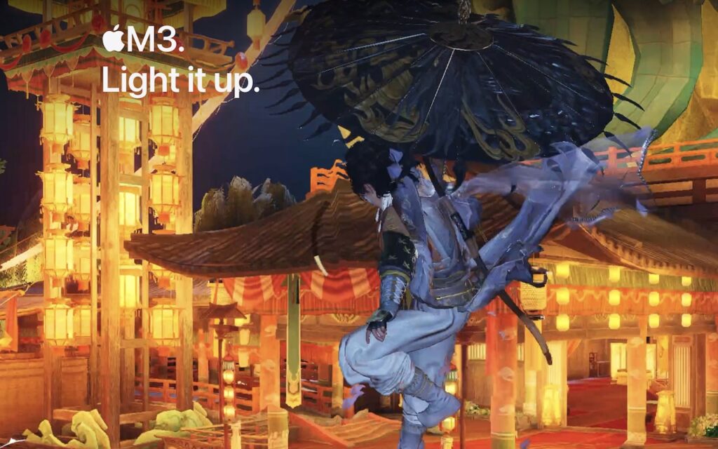 A dynamic, fantasy-style character in flowing white robes leaps mid-air with a large ornate black umbrella, set against a vibrant backdrop of lanterns and traditional Asian architecture. Text reads: “M3. Like Apple Speed Bumps iPad Air with M3—Light it up.”.