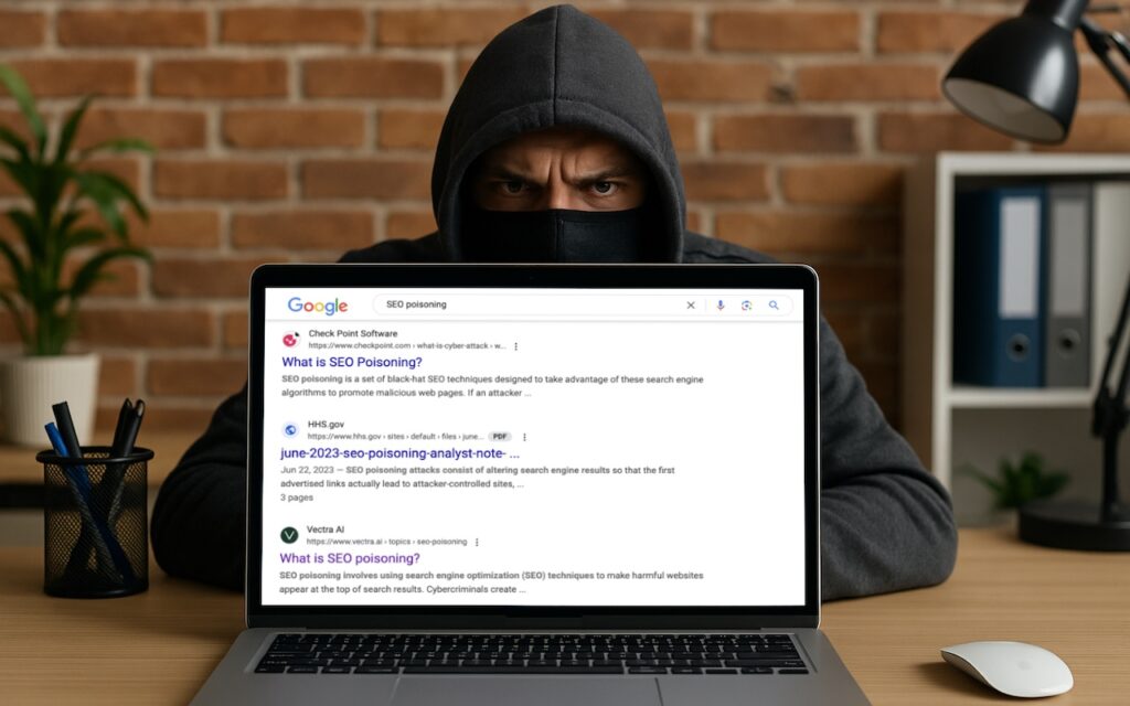 A person in a dark hoodie and mask sits at a desk with a laptop displaying Google search results for SEO poisoning, reminding viewers: Don’t Assume That Top Google Search Results Are Guaranteed Safe. The background features a brick wall and office supplies.