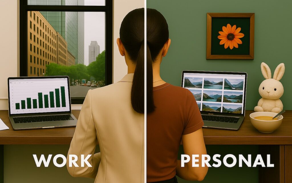 A woman sits at a desk split into two scenes: one side labeled WORK with business attire and a laptop showing a bar graph, the other PERSONAL with casual clothes—all while she keeps her browsing organized with browser profiles.